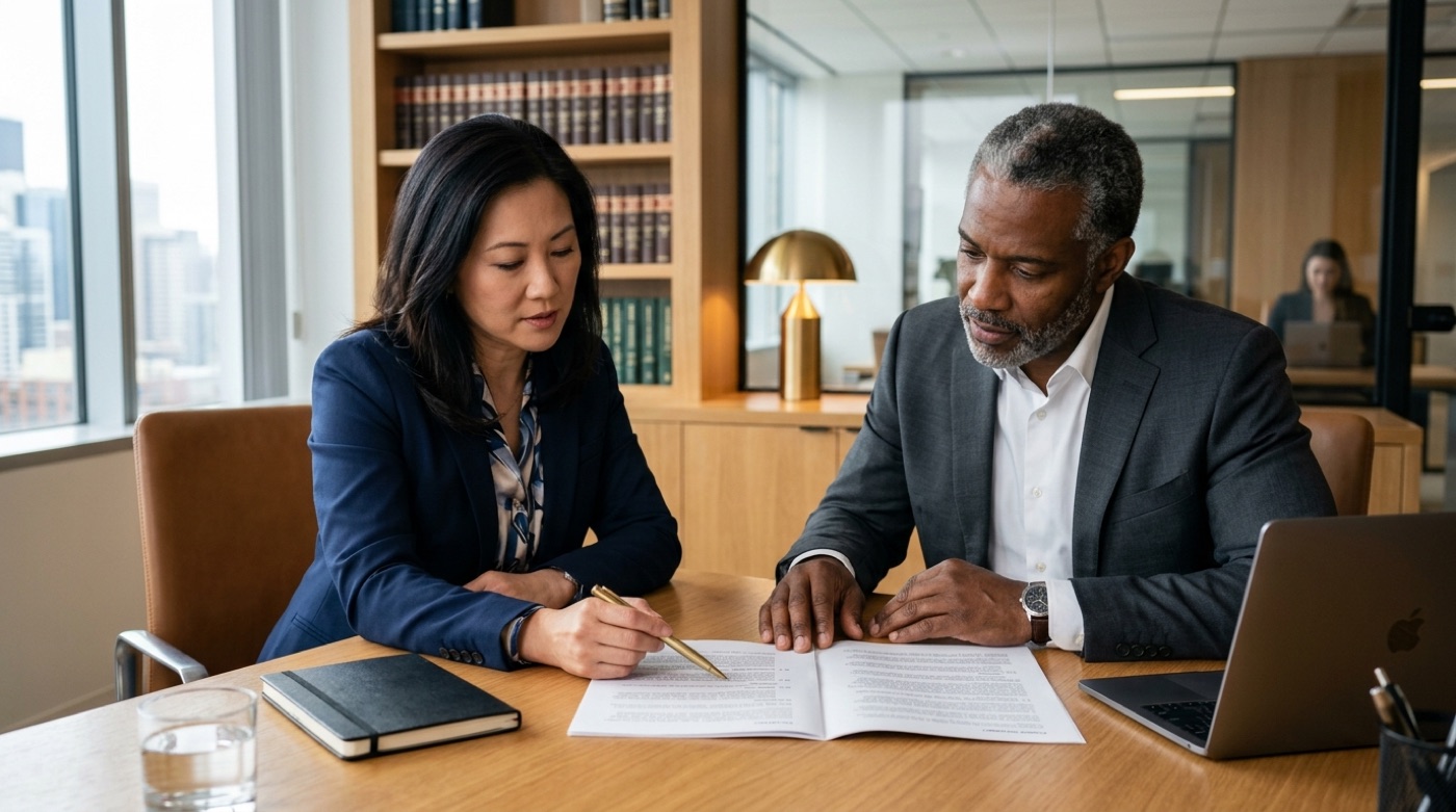 Attorney and client reviewing a printed contract at a conference table