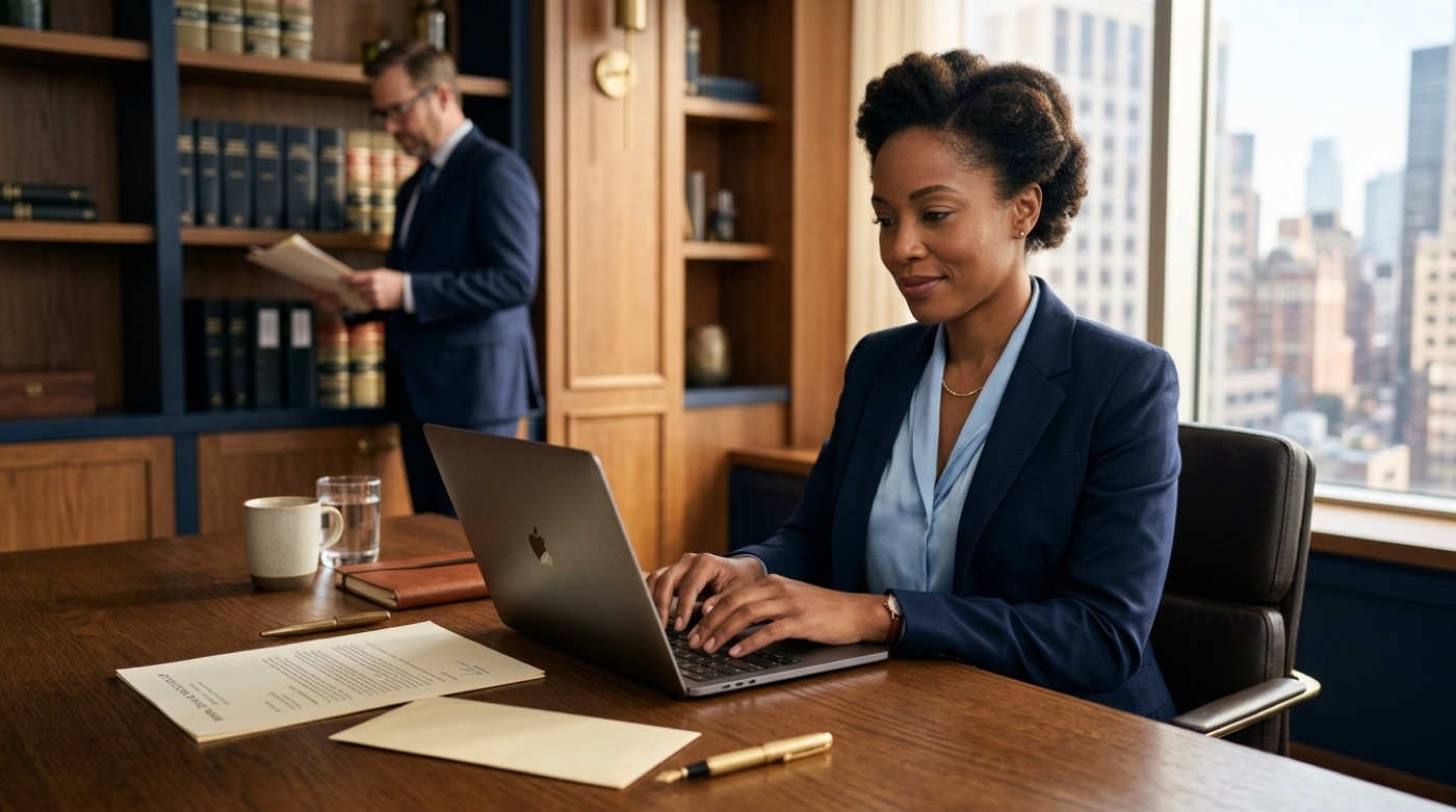 Professional drafting a formal legal letter at an oak desk
