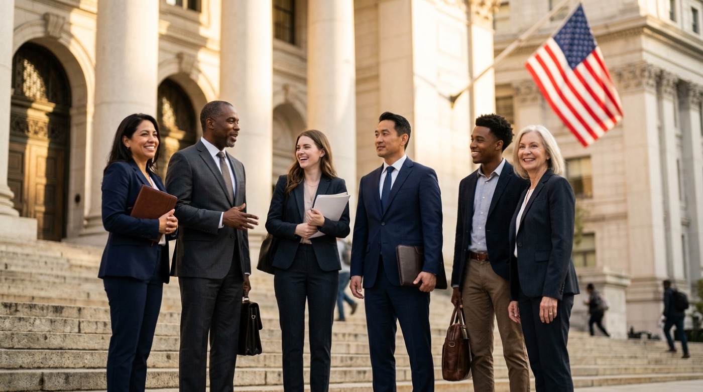 Everyday Americans standing on courthouse steps, aware of their rights