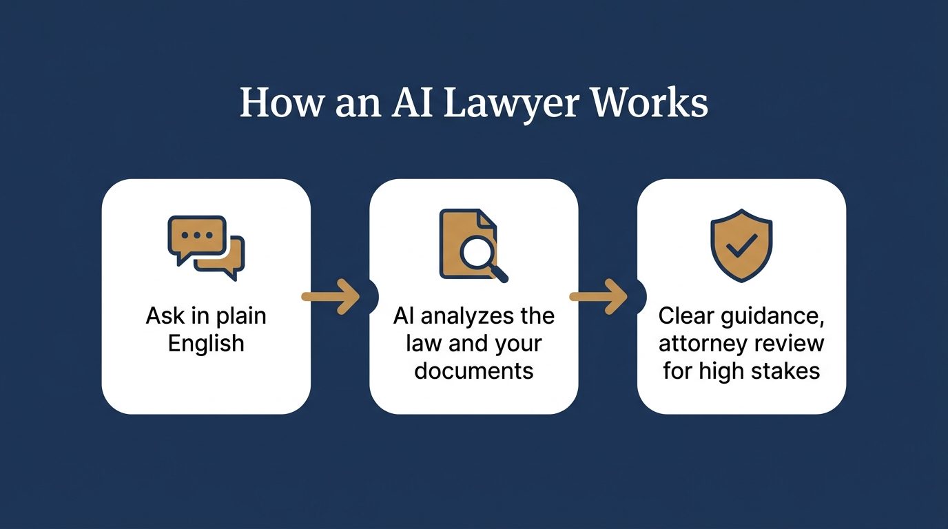 How an AI lawyer works: ask in plain English, AI analyzes the law and your documents, get clear guidance with attorney review for high stakes