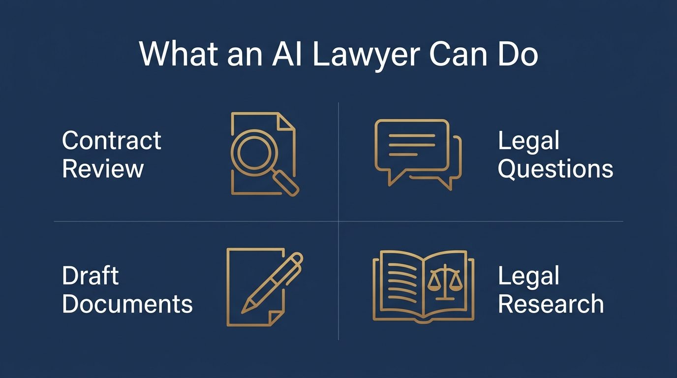 Infographic: four things an AI lawyer can do — contract review, legal questions, document drafting, legal research