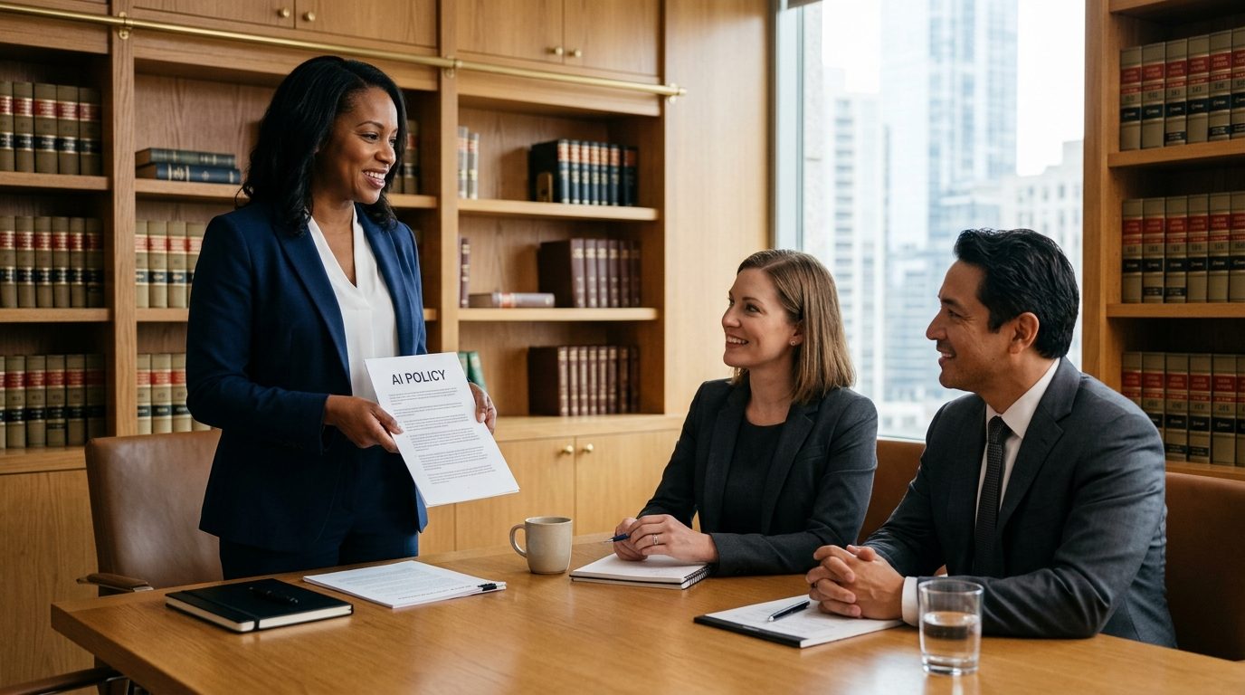 Attorneys discussing an AI policy document in a law library