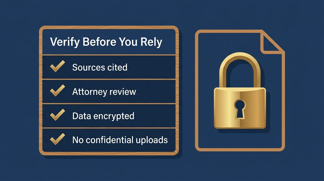 Checklist for safe AI lawyer use next to a padlock over a document
