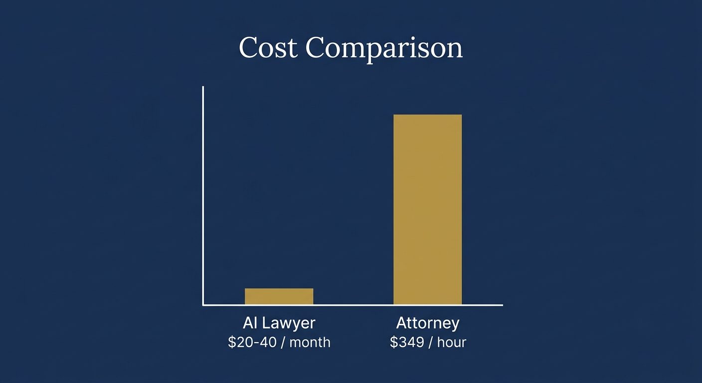 Bar chart comparing AI lawyer subscription cost to average attorney hourly rate