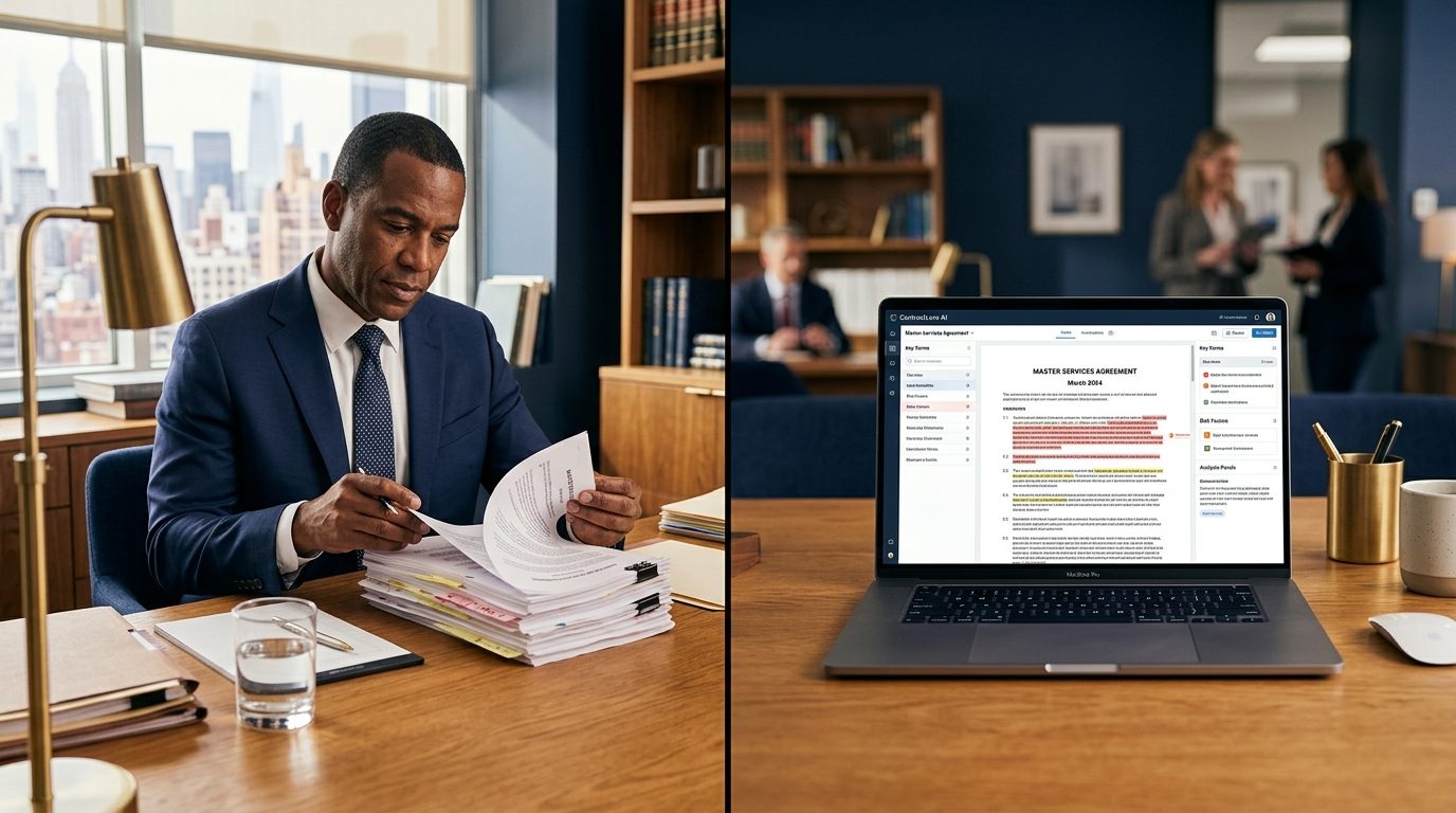 Split view: attorney reviewing paper contracts next to a laptop screen with AI contract analysis